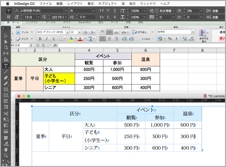 Excel上でセル結合された表組みをindesignに反映する Mottainaidtp