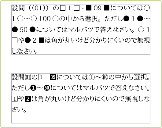 JavaScriptで丸数字、四角囲み数字などに置換する: mottainaiDTP